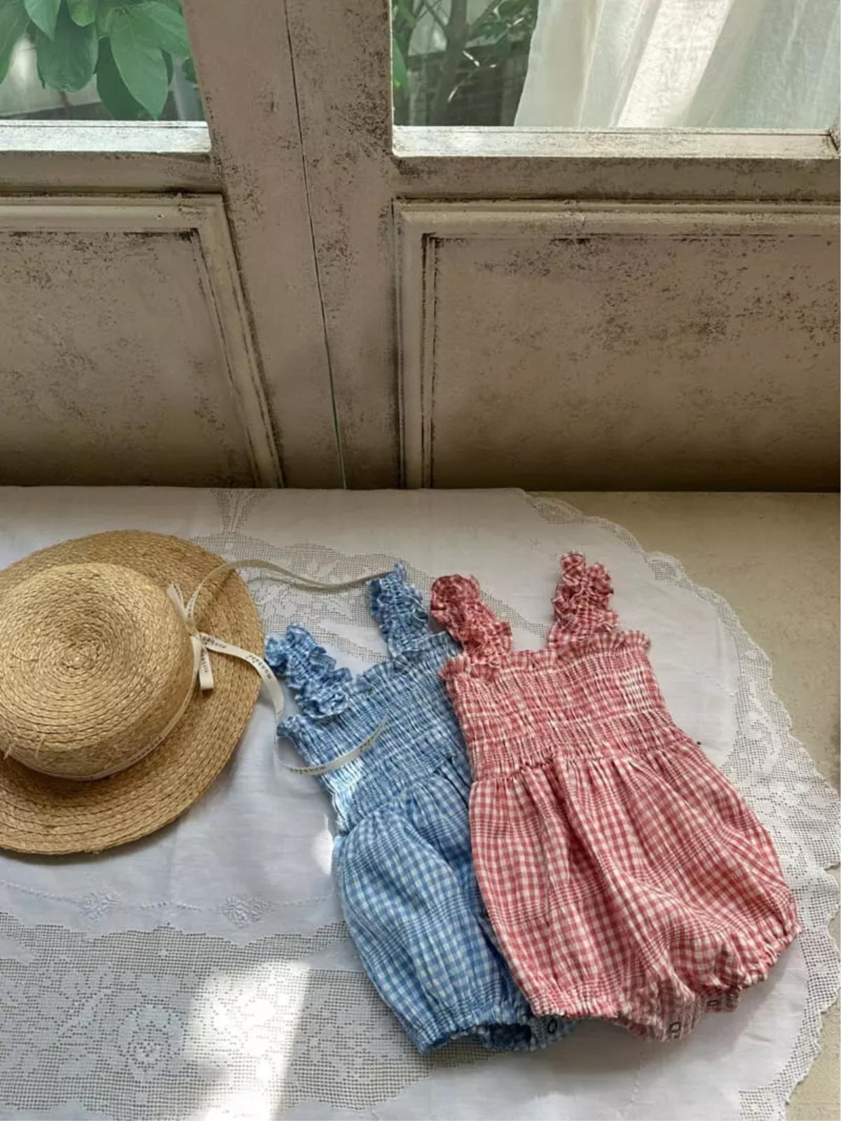 Summer Arrival Baby Girls Sleeveless Plaid Pattern Bodysuit