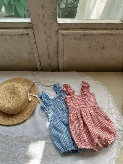 Summer Arrival Baby Girls Sleeveless Plaid Pattern Bodysuit