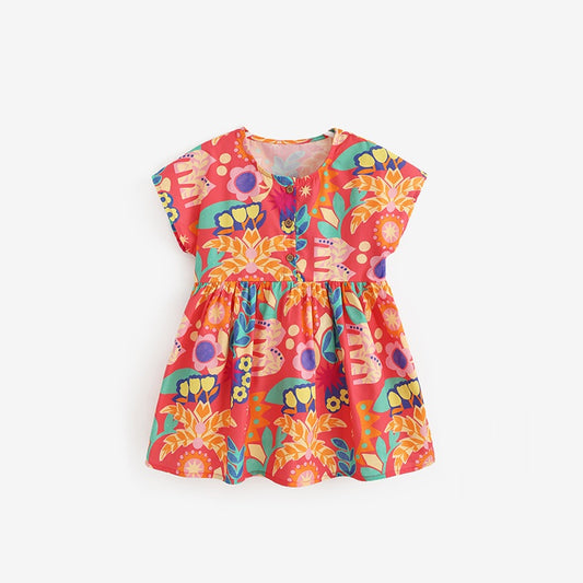 Summer Baby Kids Girls Short Sleeves Tropical Flowers Pattern Dress