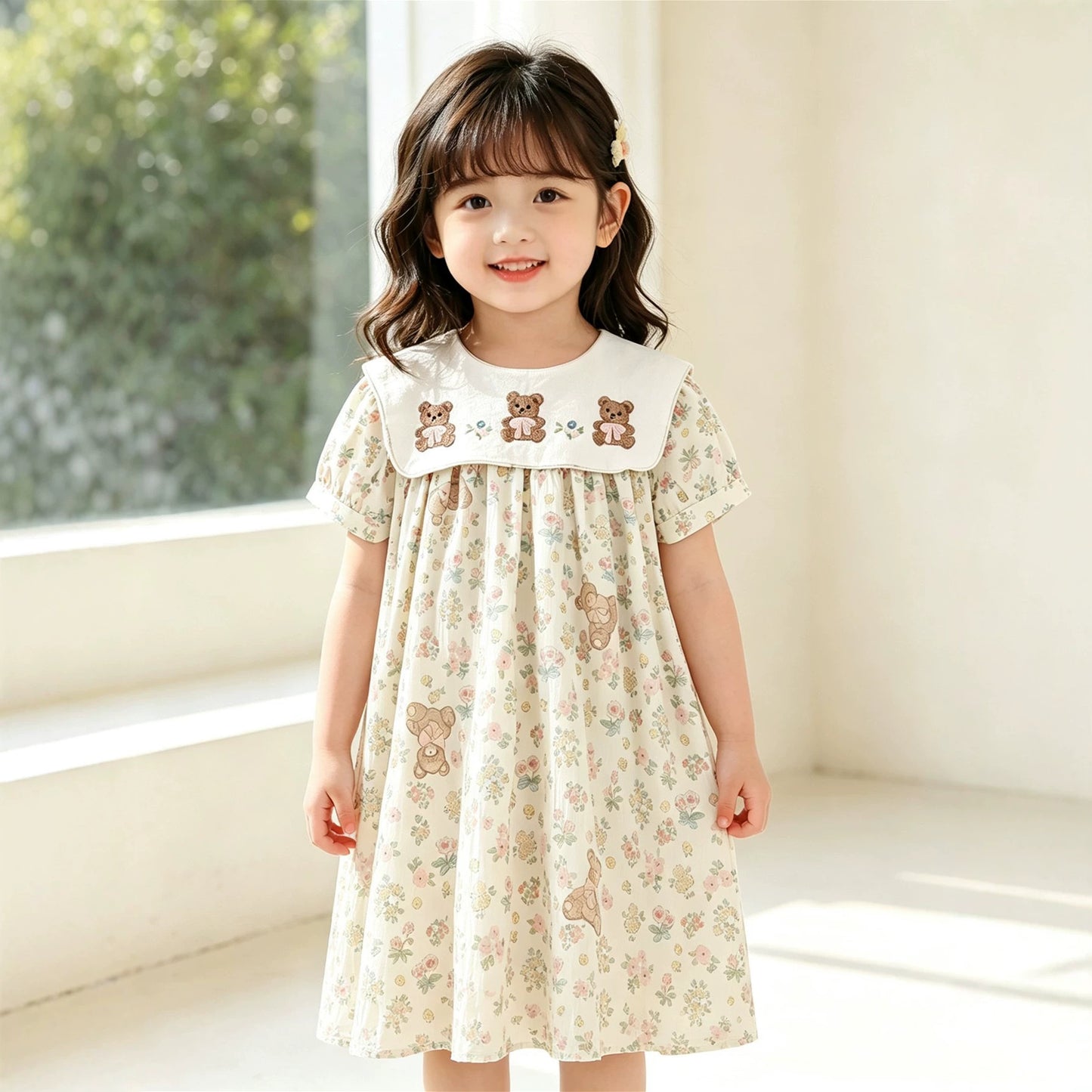 MyKids-USA® Summer Arrival Flowers and Cartoon Pattern Short Sleeves Dress for Stylish Girls