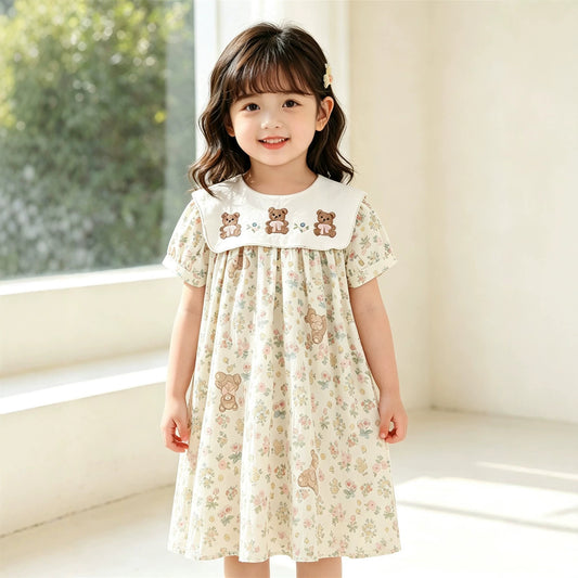 MyKids-USA® Summer Arrival Flowers and Cartoon Pattern Short Sleeves Dress for Stylish Girls
