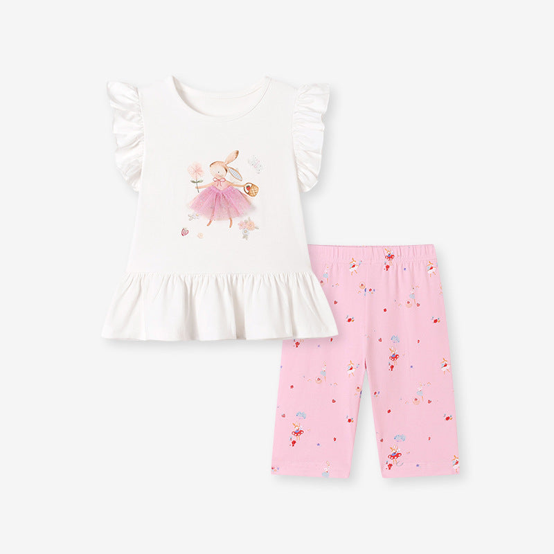 Summer Hot Selling Baby Kids Girls Fly Sleeves Cartoon Pattern T-shirt and Pants Clothing Set