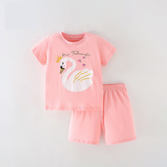 Girls Swan Queen Print T-Shirt And Shorts Set, MyKids-USA®, Baby & Toddler Outfits, MyKids-USA - Size/Age - 90 (12-24M) - Color - Pink -  -  - TR2401212228-A