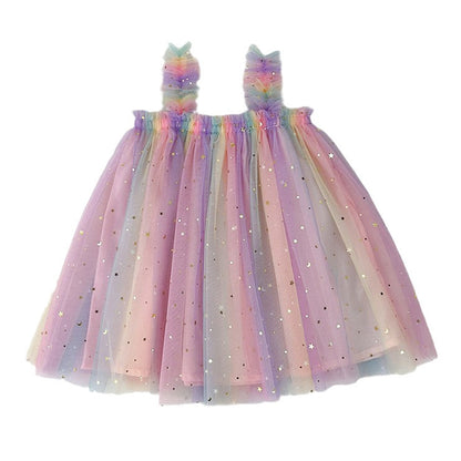 New Design Summer Kids Girls Elegant Fairy Style Sequin Mesh Sleeveless Dress