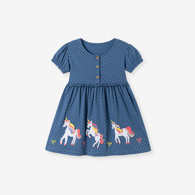 Summer Arrival Cartoon and Dots Pattern Short Sleeves Dress for Stylish Girls, MyKids-USA®, Baby & Toddler Dresses, MyKids-USA - Size/Age - 90 (12-24M) - Color - Blue -  -  - TR2601061656-A.