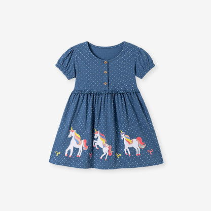 Summer Arrival Cartoon and Dots Pattern Short Sleeves Dress for Stylish Girls, MyKids-USA®, Baby & Toddler Dresses, MyKids-USA - Size/Age - 90 (12-24M) - Color - Blue -  -  - TR2601061656-A.