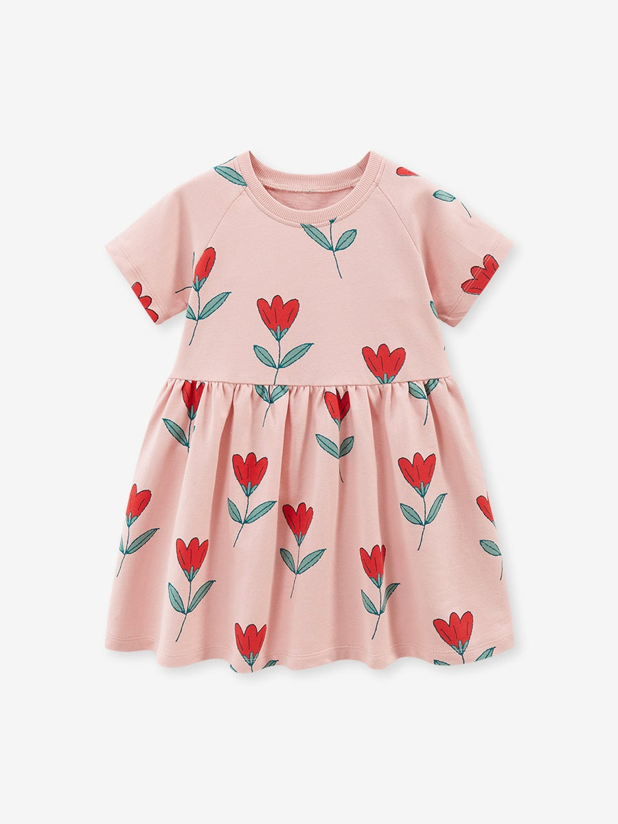 Spring And Summer Baby Girls Pink Short Sleeves Flowers Collection Dress