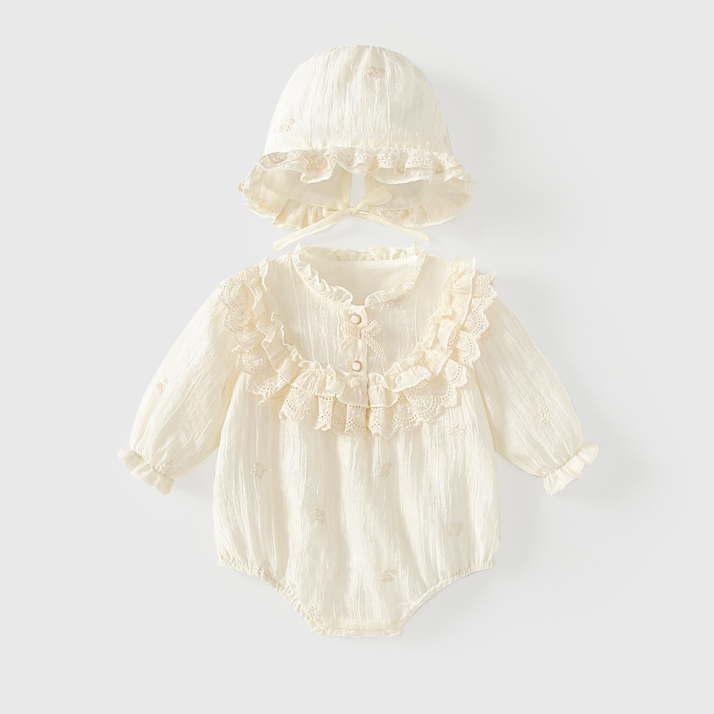 Arrival Spring Baby Girls Flowers Embroidery Long Sleeves Solid Color Onesies with Hat, MyKids-USA®, Baby One-Pieces, MyKids-USA - Size/Age - 66 (3-6M) - Color - Apricot -  -  - TR2601052055-A.