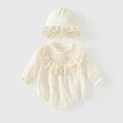 Arrival Spring Baby Girls Flowers Embroidery Long Sleeves Solid Color Onesies with Hat, MyKids-USA®, Baby One-Pieces, MyKids-USA - Size/Age - 66 (3-6M) - Color - Apricot -  -  - TR2601052055-A.