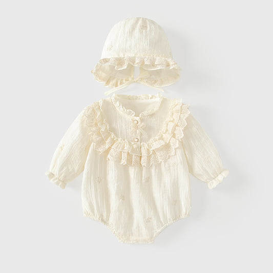 Arrival Spring Baby Girls Flowers Embroidery Long Sleeves Solid Color Onesies with Hat, MyKids-USA®, Baby One-Pieces, MyKids-USA - Size/Age - 66 (3-6M) - Color - Apricot -  -  - TR2601052055-A.