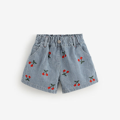Arrival Summer Girls Cherry and Striped Pattern Denim Shorts