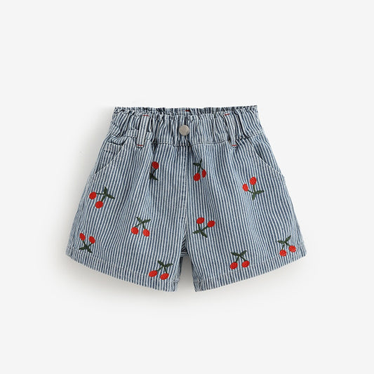 Arrival Summer Girls Cherry and Striped Pattern Denim Shorts