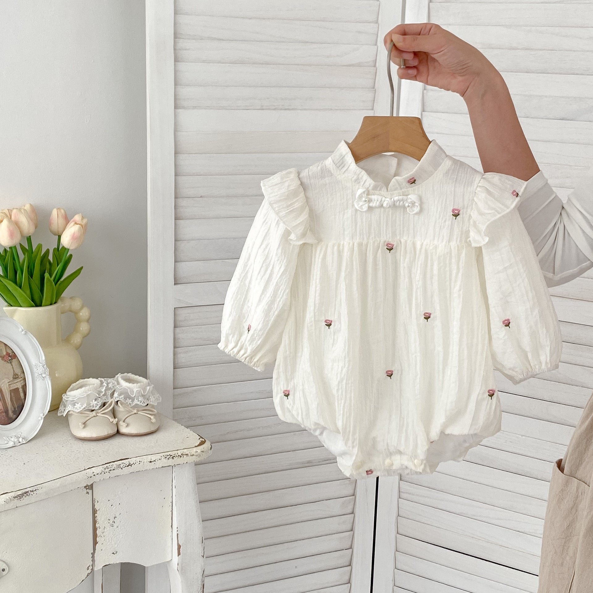 Autumn Arrival Baby Girls Long Sleeves Tiny Flowers Embroidered Stand Collar Onesies, MyKids-USA®, Baby One-Pieces, MyKids-USA - Size/Age - 66 (3-6M) - Color - Beige -  -  - TR2409011047-A