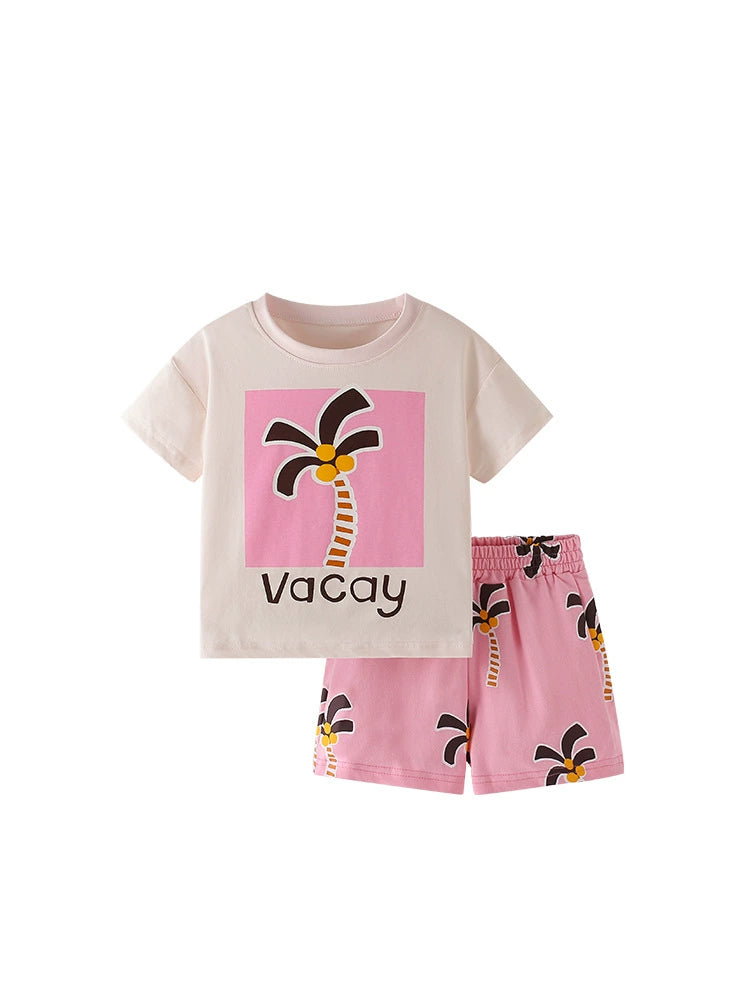 Summer Baby Kids Cartoon Coconut Palm Pattern T-shirt and Pink Shorts Clothing Set for Girls, MyKids-USA®, Baby & Toddler Outfits, MyKids-USA -  -  -  -  -  -  - 