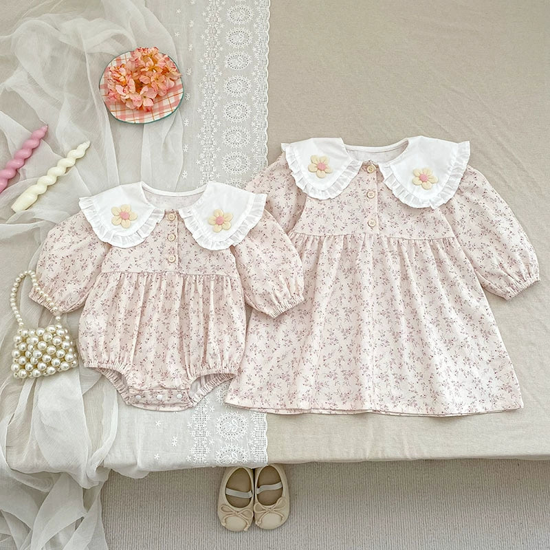 Autumn Baby Girls French Style Flowers Pattern Long-sleeved Onesies and Dress – Princess Sister Matching Set, MyKids-USA®, Baby & Toddler Outfits, MyKids-USA -  -  -  -  -  -  - 