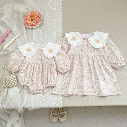 Autumn Baby Girls French Style Flowers Pattern Long-sleeved Onesies and Dress – Princess Sister Matching Set, MyKids-USA®, Baby & Toddler Outfits, MyKids-USA -  -  -  -  -  -  - 