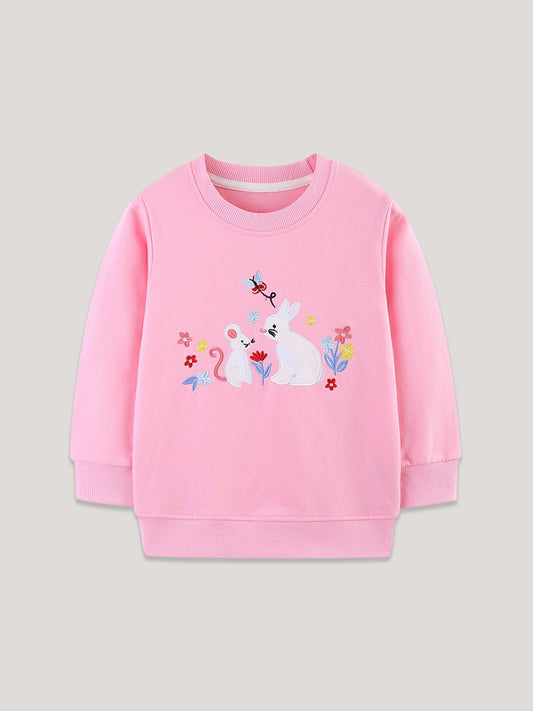 Autumn and Spring Arrival Rabbits Cartoon Pattern Long Sleeves Pullover for Stylish Girls