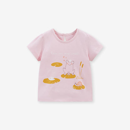 Cute Knit Round Neck Animals On Lotus Leaves Printing Girls’ T-Shirt In European And American Style For Summer, MyKids-USA®, Baby & Toddler Tops, MyKids-USA -  -  -  -  -  -  - 