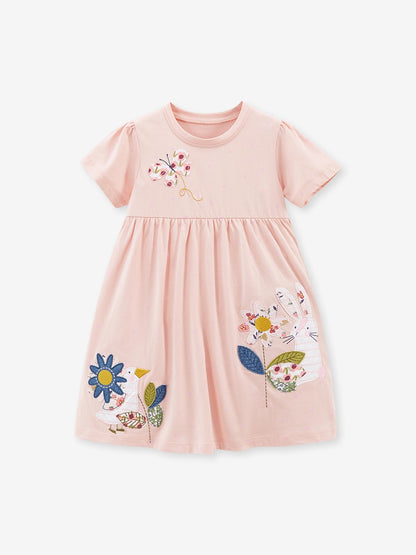 Spring And Summer Baby Girls Short Sleeves Flowers And Animals Collection Dress