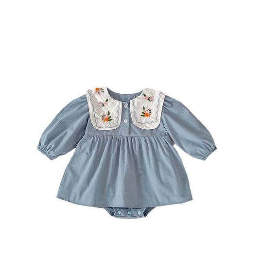 Autumn Arrival Baby Girls Long Sleeves Flowers Embroidered Pattern Crew Neck Onesies Dress, MyKids-USA®, Baby & Toddler Dresses, MyKids-USA - Size/Age - 66 (3-6M) - Color - Blue -  -  - TR2407141607-A