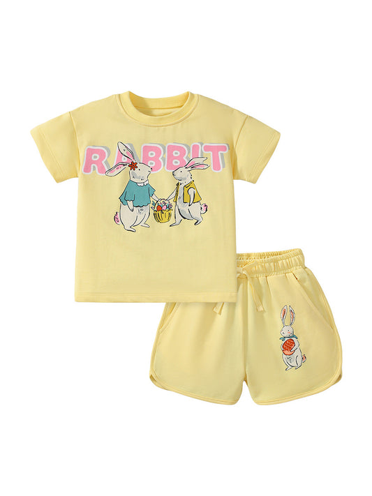 Summer Baby Kids Girls Rabbits Cartoon Print T-Shirt And Shorts Clothing Set