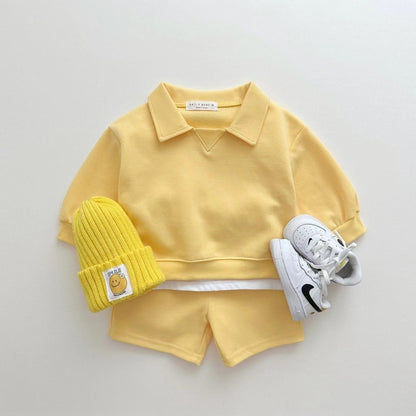 Spring Baby Kids Unisex Casual Solid Color Long Sleeves Top Pullover with Turn-down Collar and Shorts Clothing Set, MyKids-USA®, Baby & Toddler Outfits, MyKids-USA - Size/Age - 66 (3-6M) - Color - Yellow -  -  - TR2505212229-D