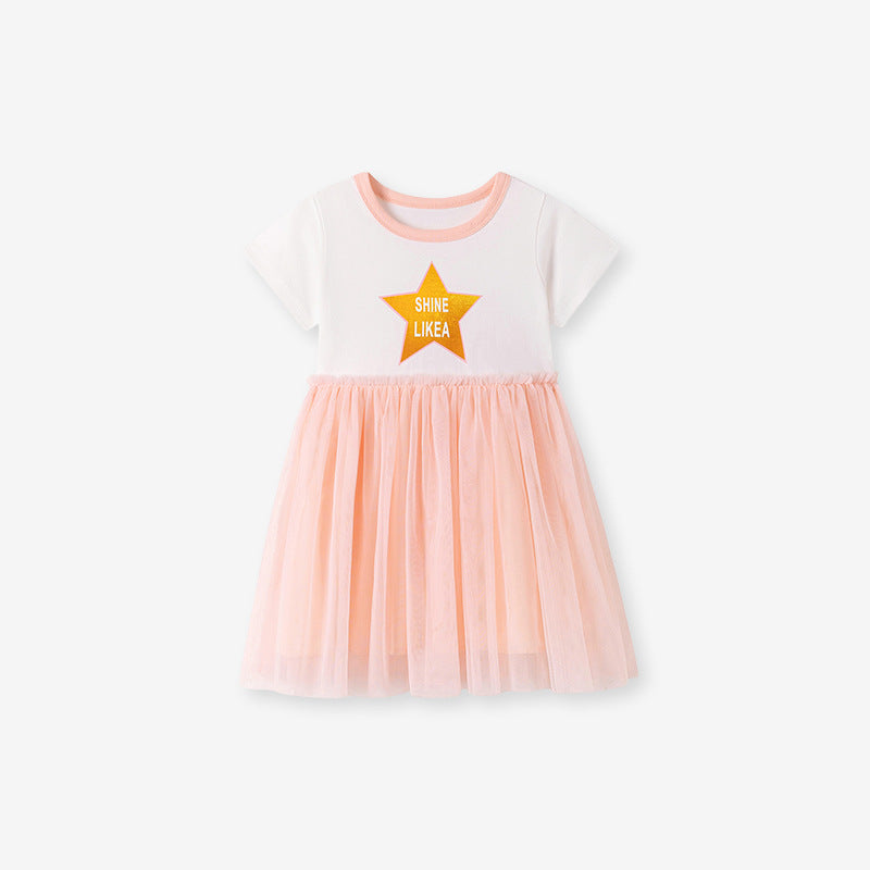 Summer Arrival Letters and Star Pattern Short Sleeves Dress for Stylish Girls, MyKids-USA®, Baby & Toddler Dresses, MyKids-USA - Size/Age - 90 (12-24M) - Color - Pink -  -  - TR2512291001-A.