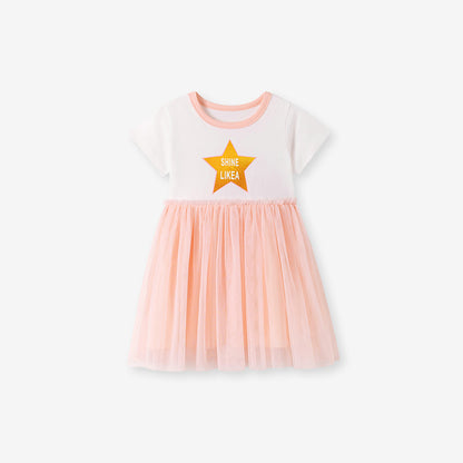 Summer Arrival Letters and Star Pattern Short Sleeves Dress for Stylish Girls, MyKids-USA®, Baby & Toddler Dresses, MyKids-USA - Size/Age - 90 (12-24M) - Color - Pink -  -  - TR2512291001-A.