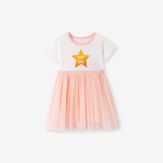 Summer Arrival Letters and Star Pattern Short Sleeves Dress for Stylish Girls, MyKids-USA®, Baby & Toddler Dresses, MyKids-USA - Size/Age - 90 (12-24M) - Color - Pink -  -  - TR2512291001-A.