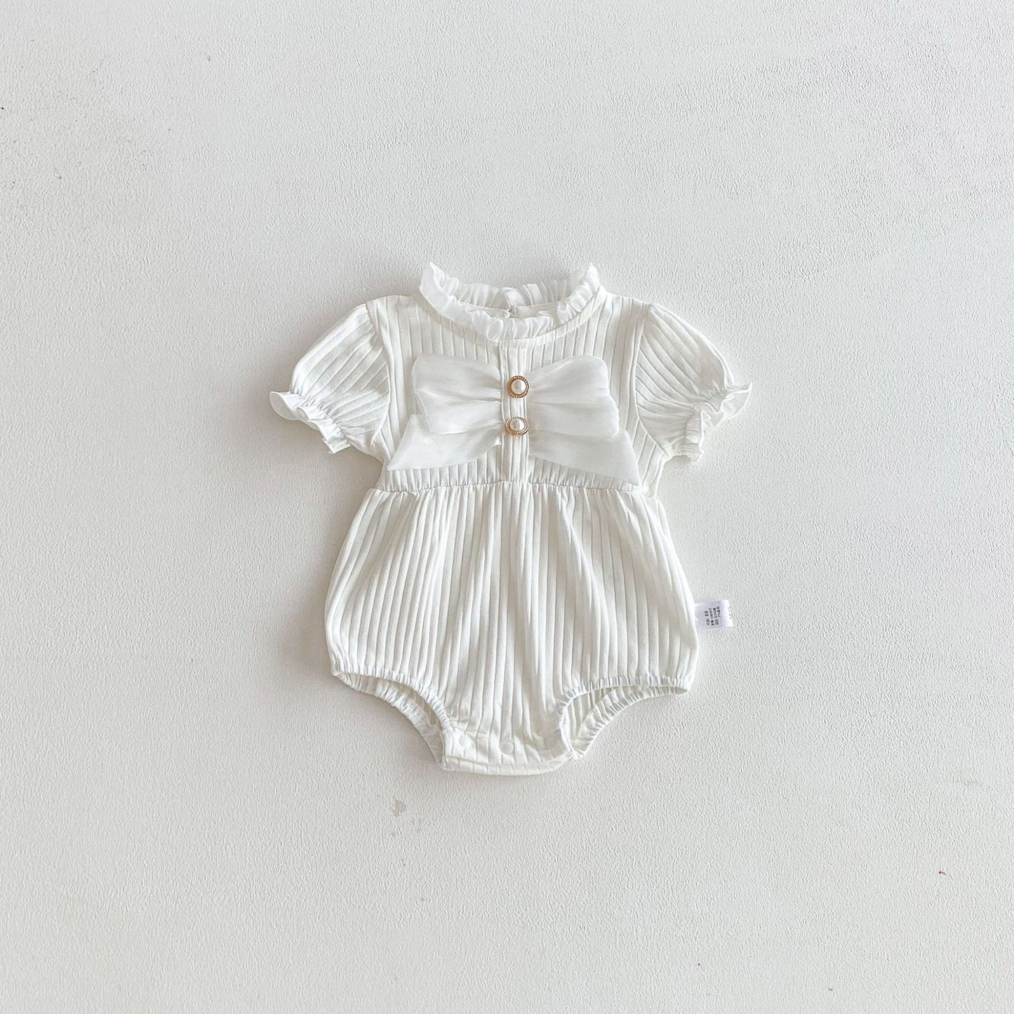 Summer Arrival Baby Girls Short Sleeves Ruffle Neck Color Patchwork Bodysuit, MyKids-USA®, Baby One-Pieces, MyKids-USA - Size/Age - 66 (3-6M) - Color - Beige -  -  - TR2603192333-A.