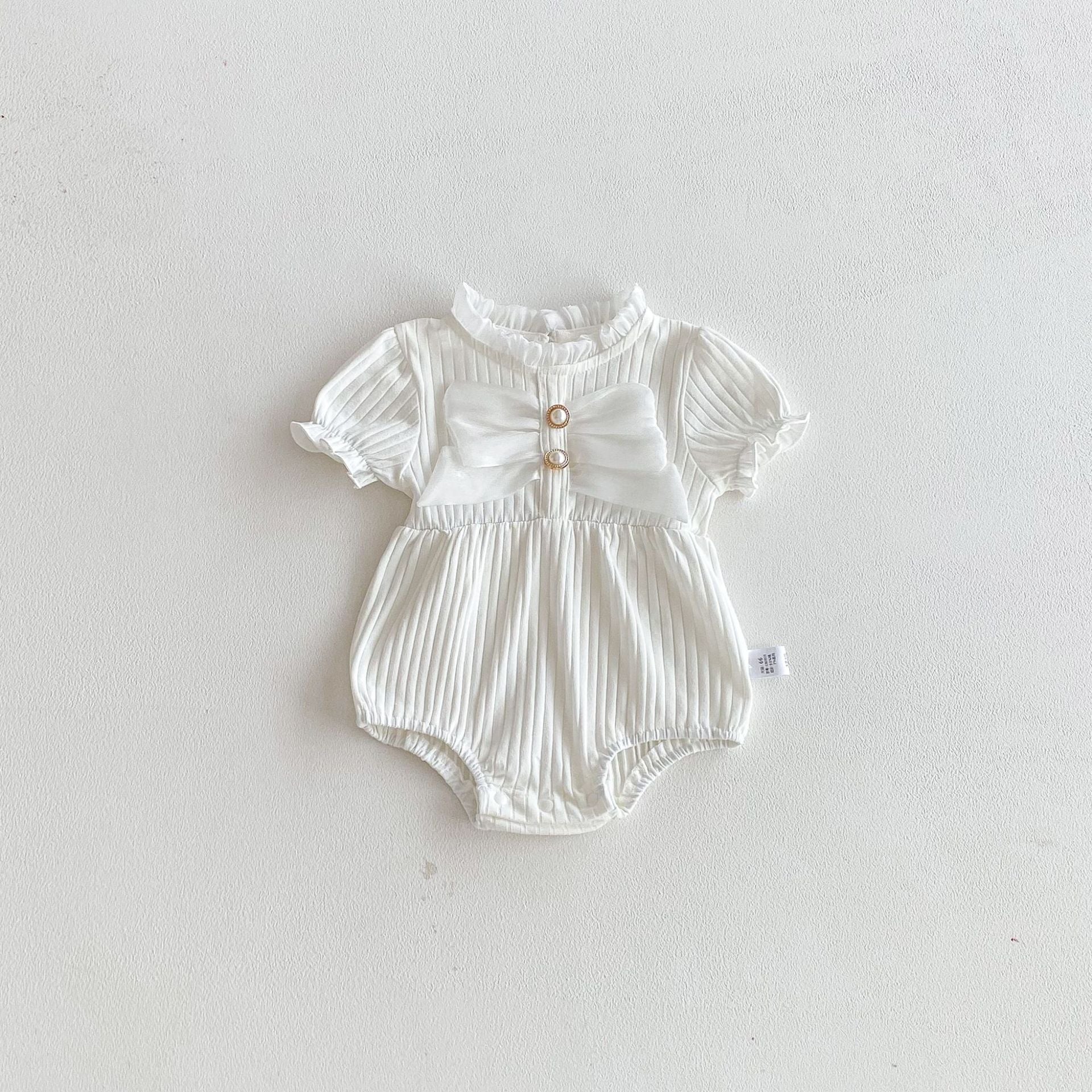 Summer Arrival Baby Girls Short Sleeves Ruffle Neck Color Patchwork Bodysuit, MyKids-USA®, Baby One-Pieces, MyKids-USA - Size/Age - 66 (3-6M) - Color - Beige -  -  - TR2603192333-A.