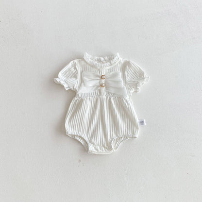 Summer Arrival Baby Girls Short Sleeves Ruffle Neck Color Patchwork Bodysuit, MyKids-USA®, Baby One-Pieces, MyKids-USA - Size/Age - 66 (3-6M) - Color - Beige -  -  - TR2603192333-A.