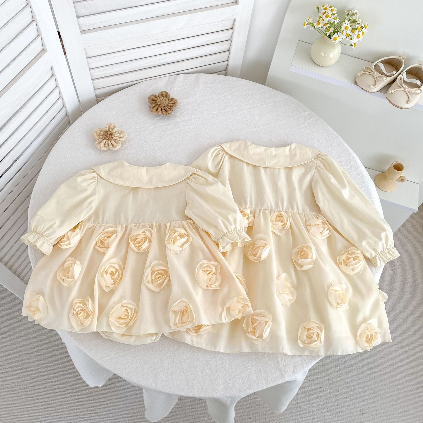 Autumn Baby Girls Flowers Pattern Long-sleeved Peter Pan Collar Onesies and Dress – Princess Sister Matching Set, MyKids-USA®, Baby & Toddler Outfits, MyKids-USA -  -  -  -  -  -  - 