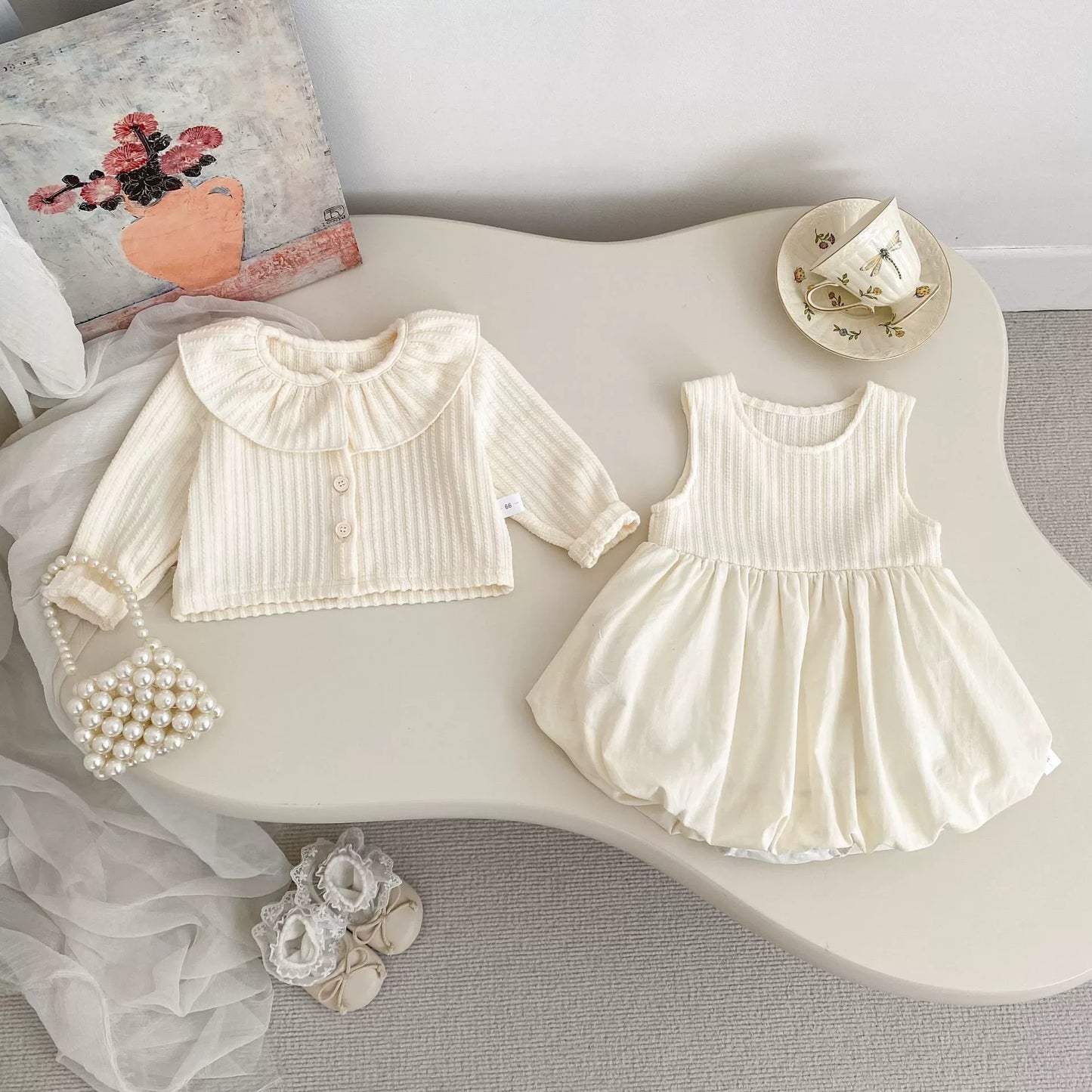 Spring and Autumn Baby Kids Girls Solid Color Long Sleeves Beige Cardigan and Sleeveless Onesies Clothing Set, MyKids-USA®, Baby & Toddler Outfits, MyKids-USA - Size/Age - 66 (3-6M) - Color - Beige -  -  - TR2509022210-A