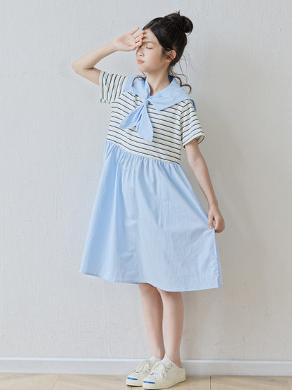 Summer Arrival Short Sleeves Striped Color Patchwork Dress for Stylish Girls