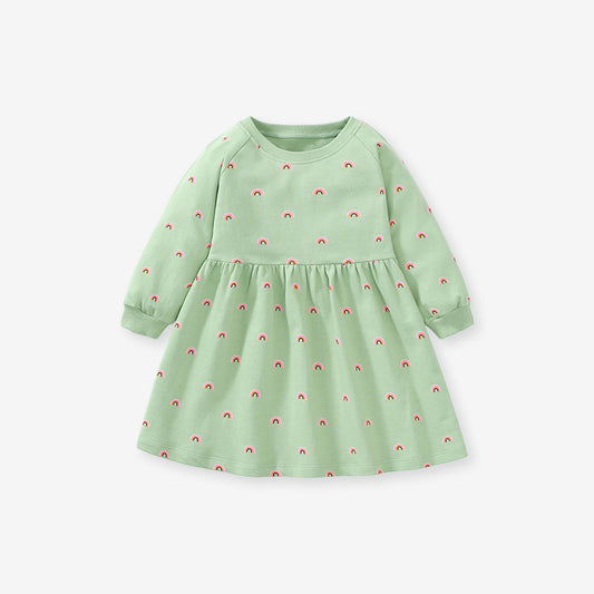 Hot Selling Spring Baby Girls Long Sleeves Rainbow Print Crew Neck Green Dress