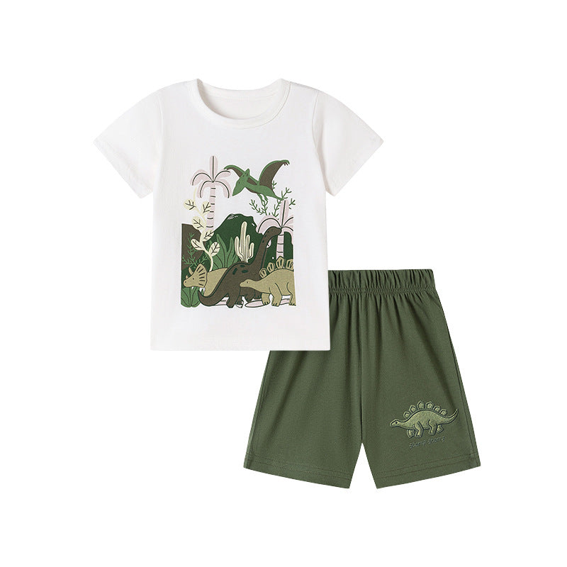 Summer Hot Selling Baby Kids Boys Short Sleeves Cartoon Pattern T-shirt and Shorts Clothing Set