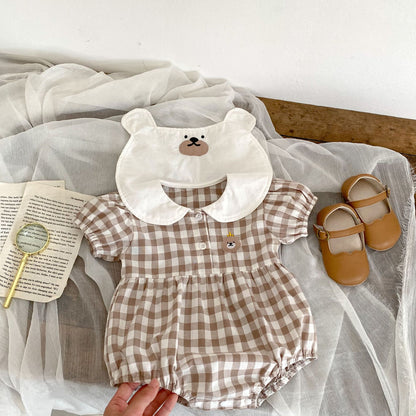 Baby Plaid Graphic Bear Patched Design Doll Neck Onesies