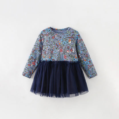 MyKids-USA® Autumn Tulle Patchwork Baby Kids Girls Princess Floral Long Sleeves Dress