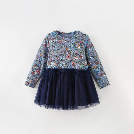 MyKids-USA® Tulle Patchwork Baby Kids Girls Princess Floral Long Sleeves Dress