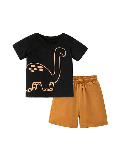 Baby And Kids Boys Dinosaur Cartoon Short Sleeves Top And Shorts Casual Clothing Set
