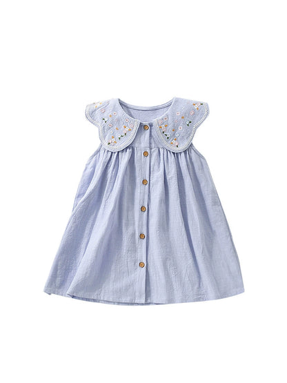 Summer Arrival Blue Single Breasted Sleeveless Dress with Embroidered Collar for Stylish Girls, MyKids-USA®, Baby & Toddler Dresses, MyKids-USA -  -  -  -  -  -  - 