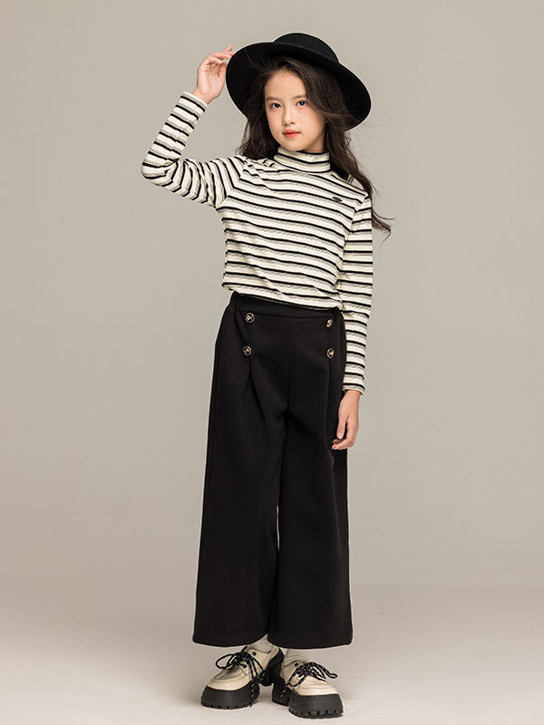 Arrival Autumn Kids Girls Long Sleeves Striped Pattern Turtle Neck Top and Black Loose Pants Sets