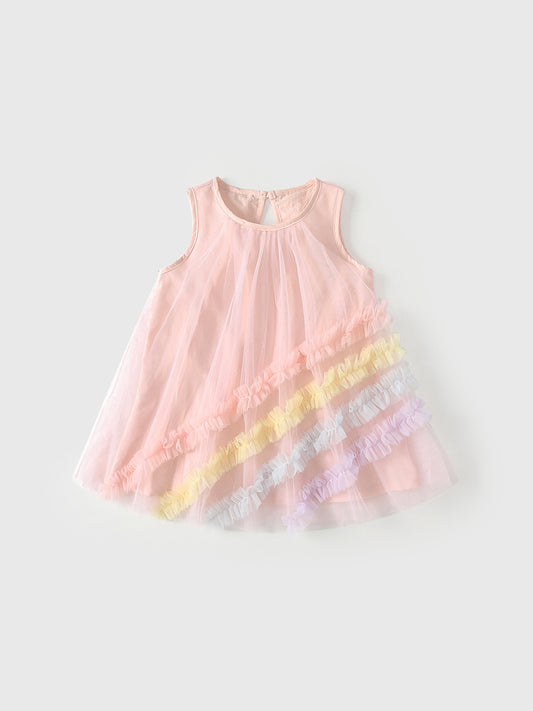 Summer Arrival Sleeveless Striped Pattern Tulle Dress for Stylish Girls
