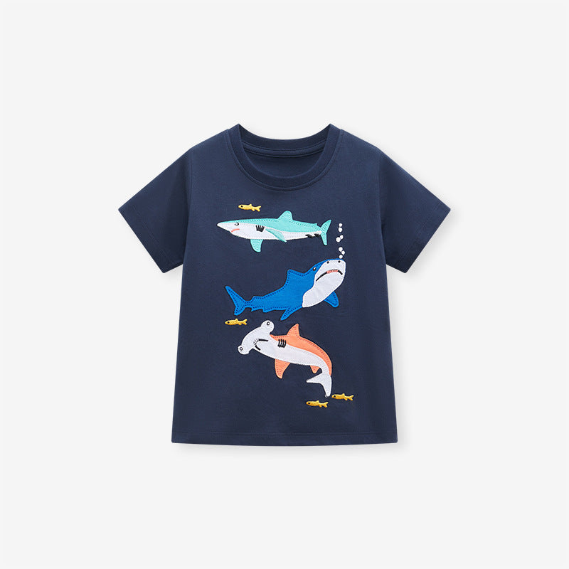 Round Neck Sharks Cartoon Boys’ T-Shirt In European And American Style For Summer