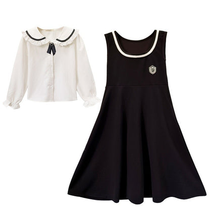 Arrival Autumn Kids Girls Long Sleeves Peter Pan Collar Shirt and Preppy Sleeveless Dress Sets