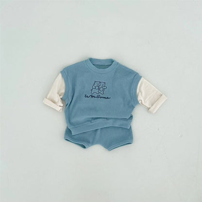 MyKids-USA® Spring and Autumn Baby Kids Unisex Long Sleeves Color Patchwork Pullover and Plain Shorts Clothing Set