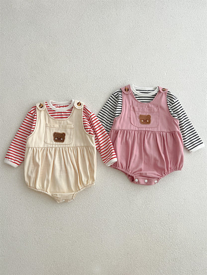 Baby Girls Cute Teddy Overalls Onesie And Striped Top Set