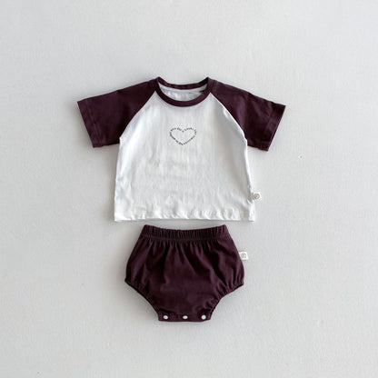 Summer Hot Selling Baby Kids Girls Short Sleeves Heart Pattern T-shirt and Bloomers Clothing Set, MyKids-USA®, Baby & Toddler Outfits, MyKids-USA - Size/Age - 73 (6-9M) - Color - Brown -  -  - TR2506141215-A