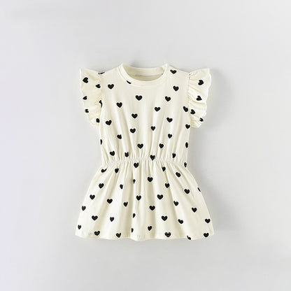 Summer Baby Kids Girls Fly Sleeves Hearts Pattern Dress